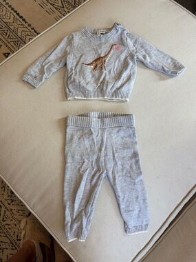 JANIE and JACKIE Baby Knit Dino Sweater and Pants Set - Light Gray